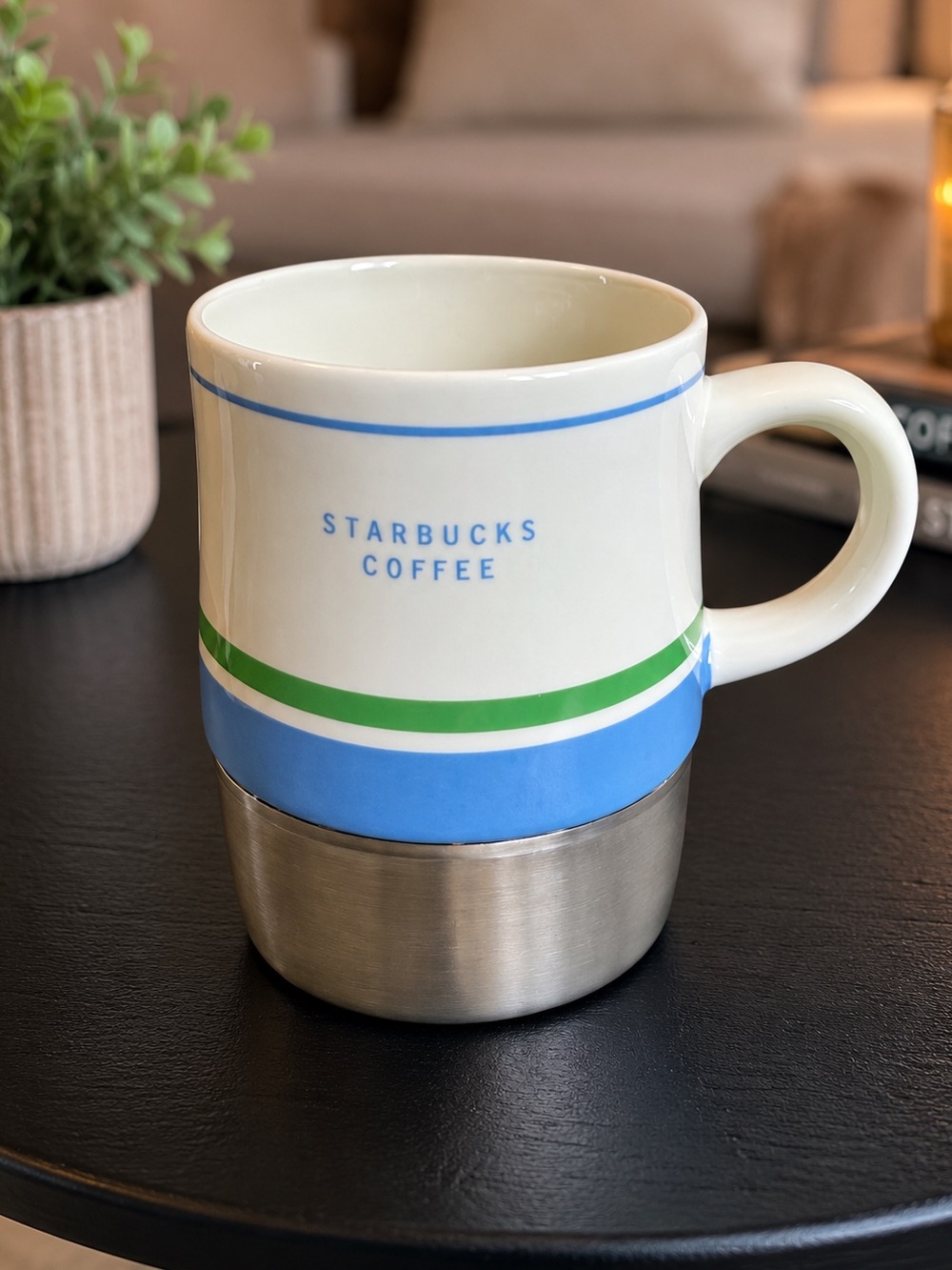 Starbucks Coffee Ceramic Mug Blue Green Stripes Metal Base Vintage Style